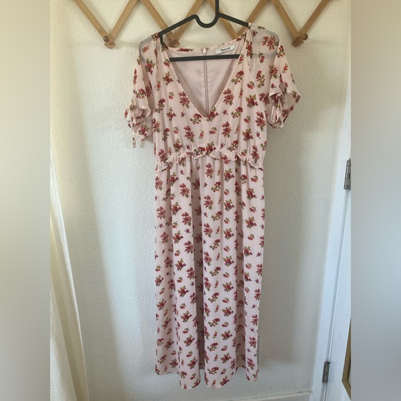 Madewell Pink Ruffle-Waist Short Tie-Sleeve Floral Midi Dress, great condition - Picture 1 of 3